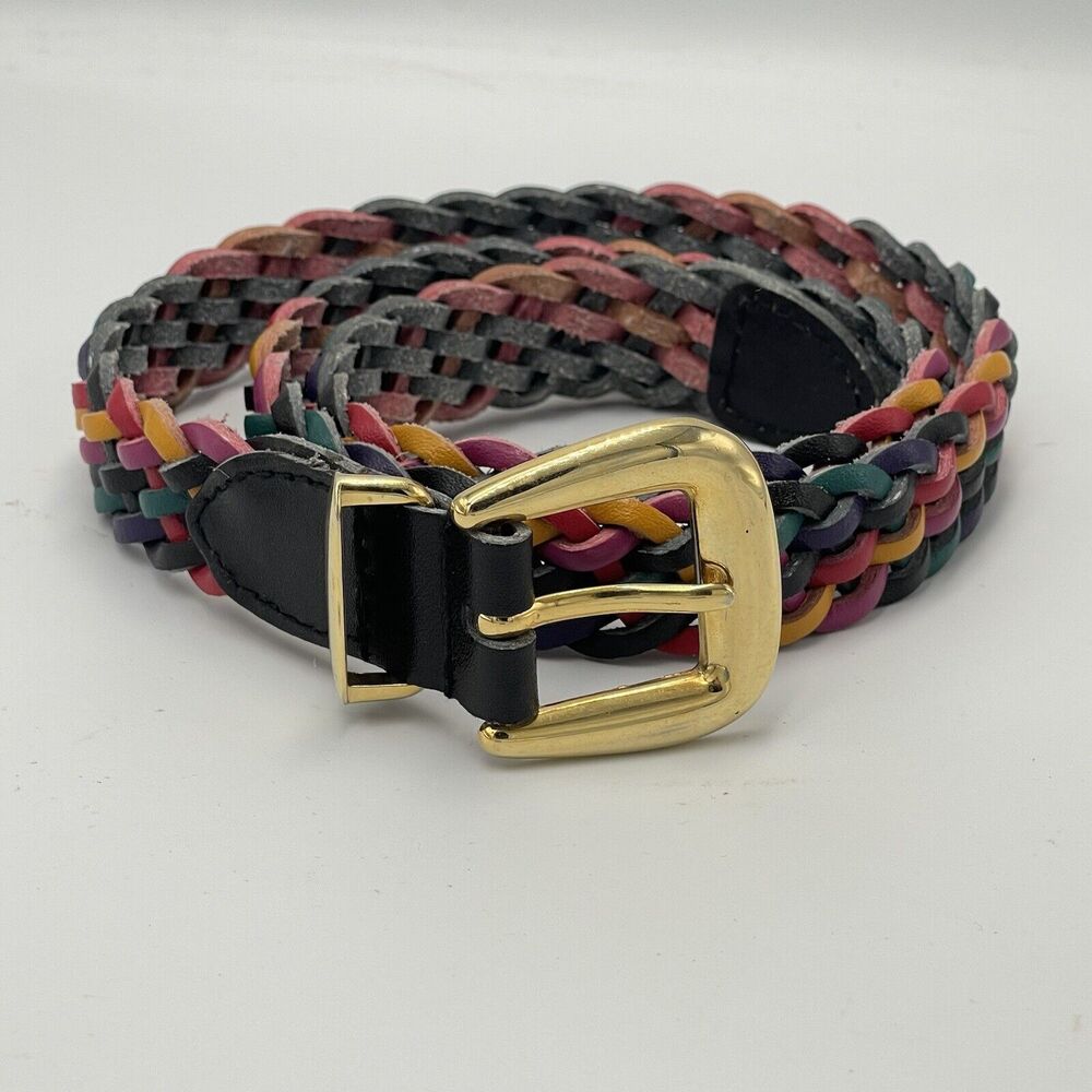 Omega Womens Braided Leather Belt Multicolor Woven SIZE MEDIUM 34" 90s Boho Gold